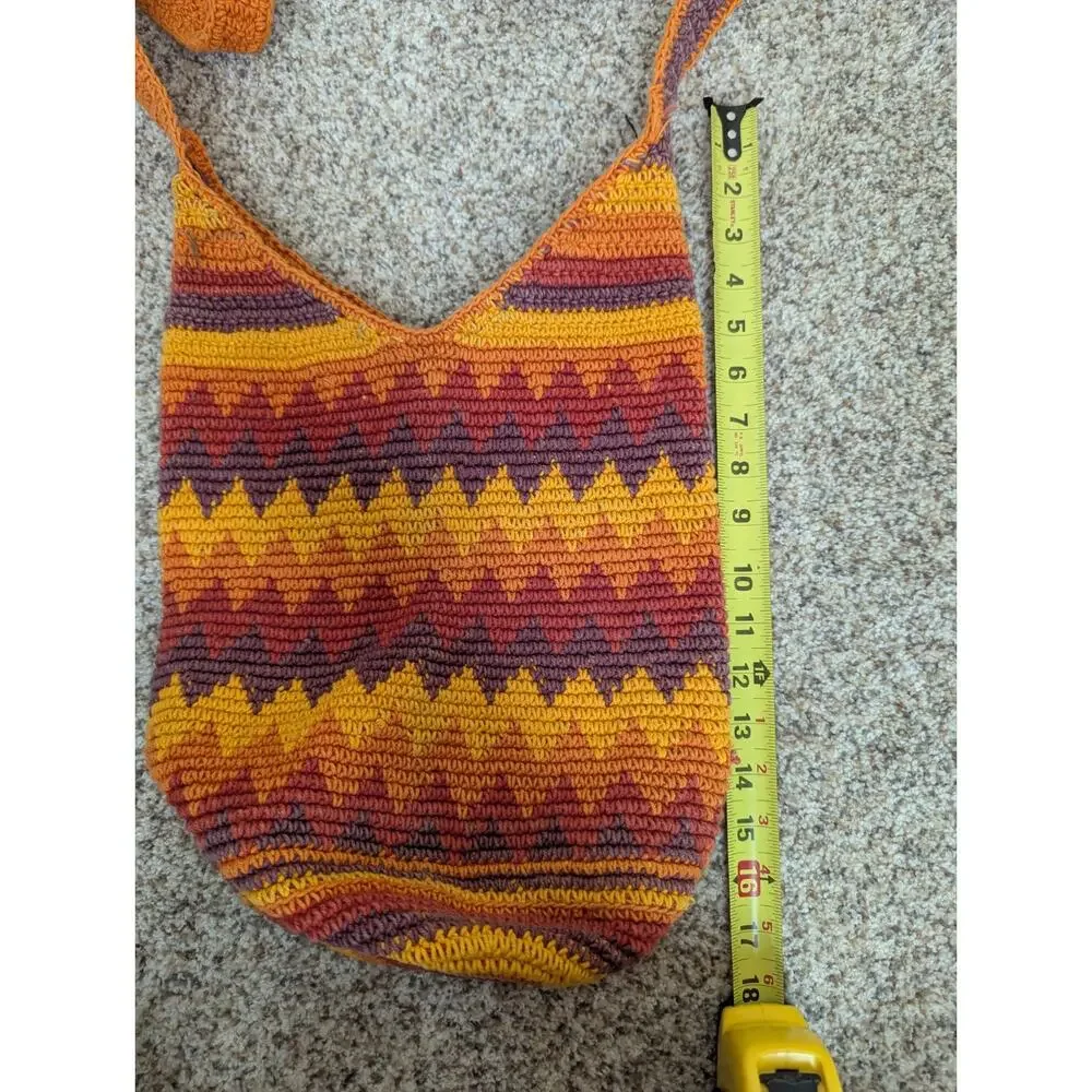 Vintage Red Yellow Orange Crochet Chevron Hobo Bucket Shoulder Bag Cross Body